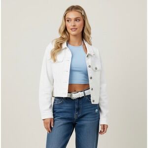 Vintage Y2K Old Navy Medium‎ White Rhinestone Western Cropped Denim Jacket